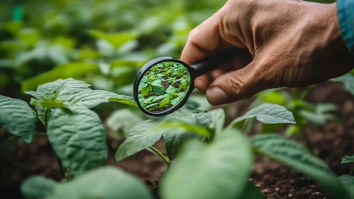 Examining Young Plants with Magnifying Lens