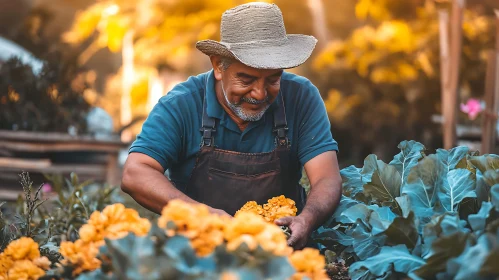 Man Gardening with Flowers