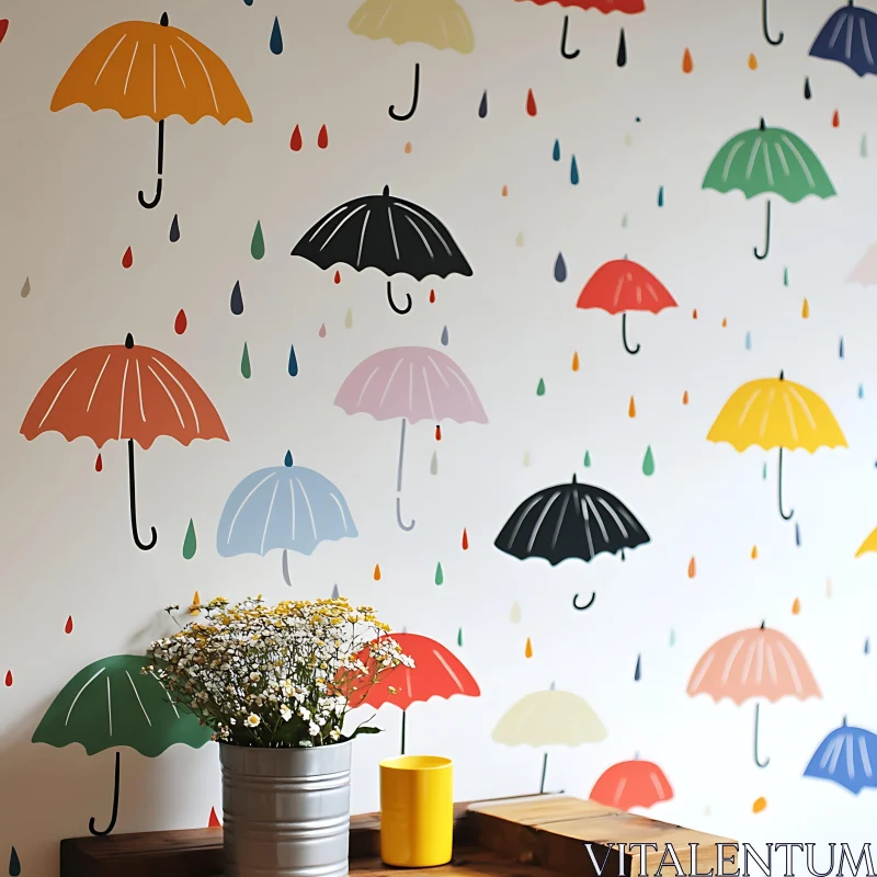 AI ART Colorful Umbrellas and Raindrops Decoration