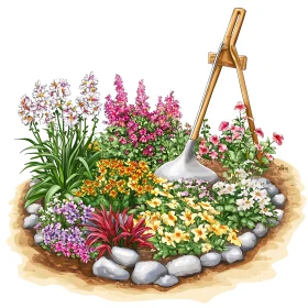 Blossoming Garden Scene with Tool