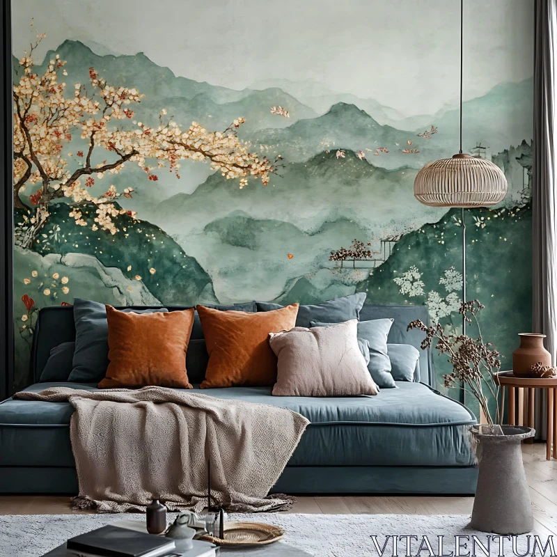 Serene Interior with Mountain Mural AI Image