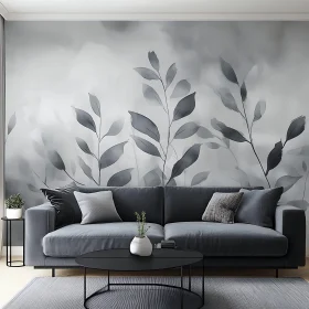 Serene Gray Interior with Botanical Wallpaper