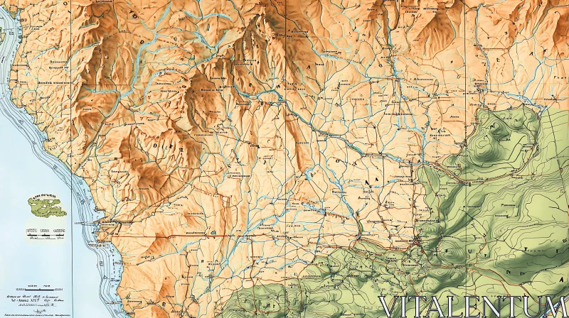 AI ART Antique Topographical Map of Mountainous Region