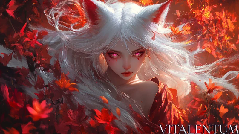 AI ART Crimson Leaves and Fox-Girl Anime Art