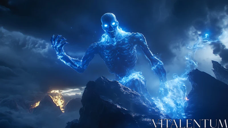 AI ART Glowing Skeleton Figure on Rocky Peak