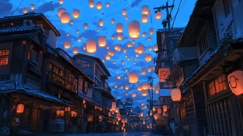 City Street Aglow with Floating Lanterns