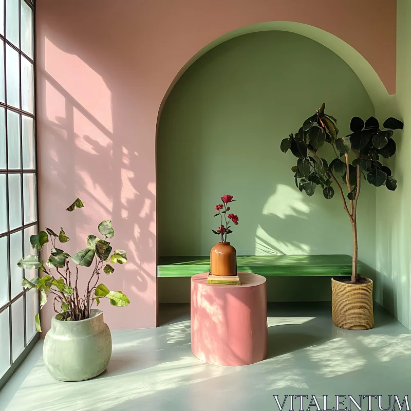 AI ART Minimalist Pastel Room with Green Plants