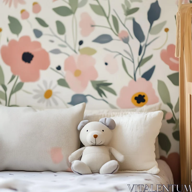 AI ART Teddy Bear in Pastel Floral Nursery Scene