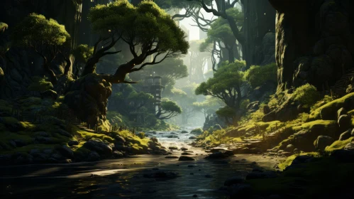 Captivating Fantasy Forest with Flowing Water and Trees