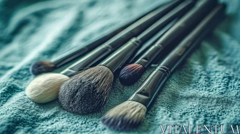 Close-Up Makeup Brushes on Blue Towel AI Image