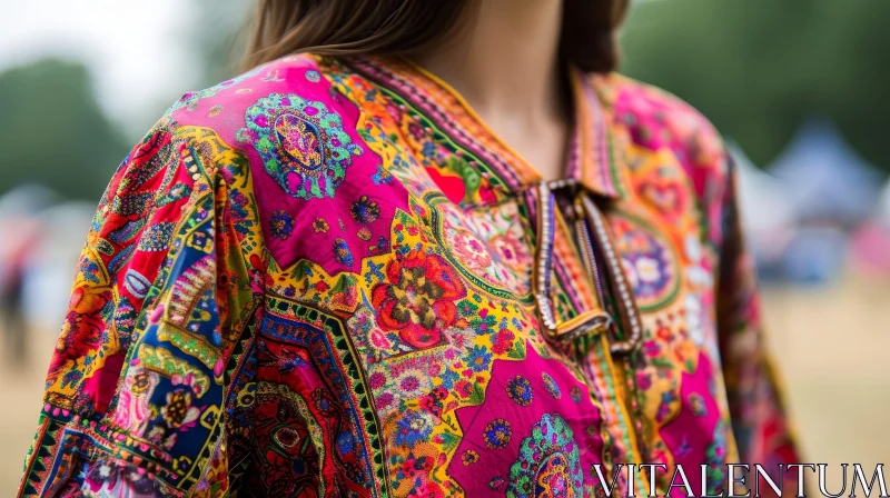Close-up of a Woman's Shoulder and Arm in a Colorful Floral Shirt AI Image