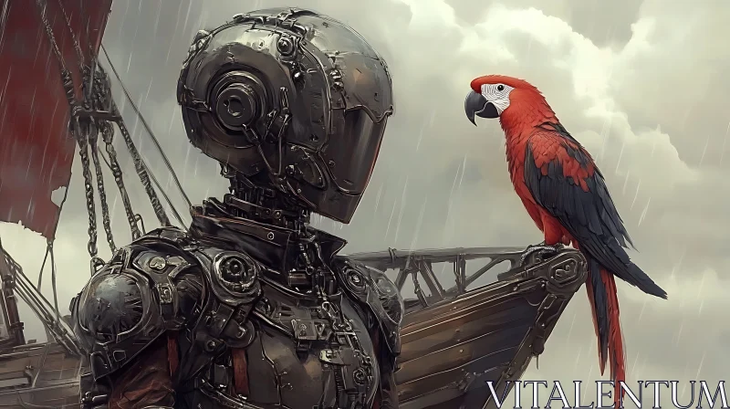 Steampunk Robotic Figure and Macaw on Nautical Vessel AI Image