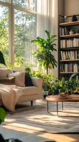 Sunlit Interior with Plants and Books