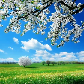 Scenic Green Field with White Blossoms