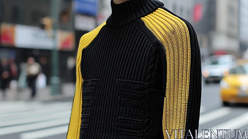 AI ART Fashion: Person wearing a black and yellow sweater in a city street