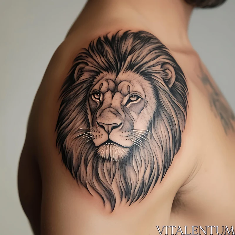 Intricately Shaded Lion Shoulder Tattoo AI Image