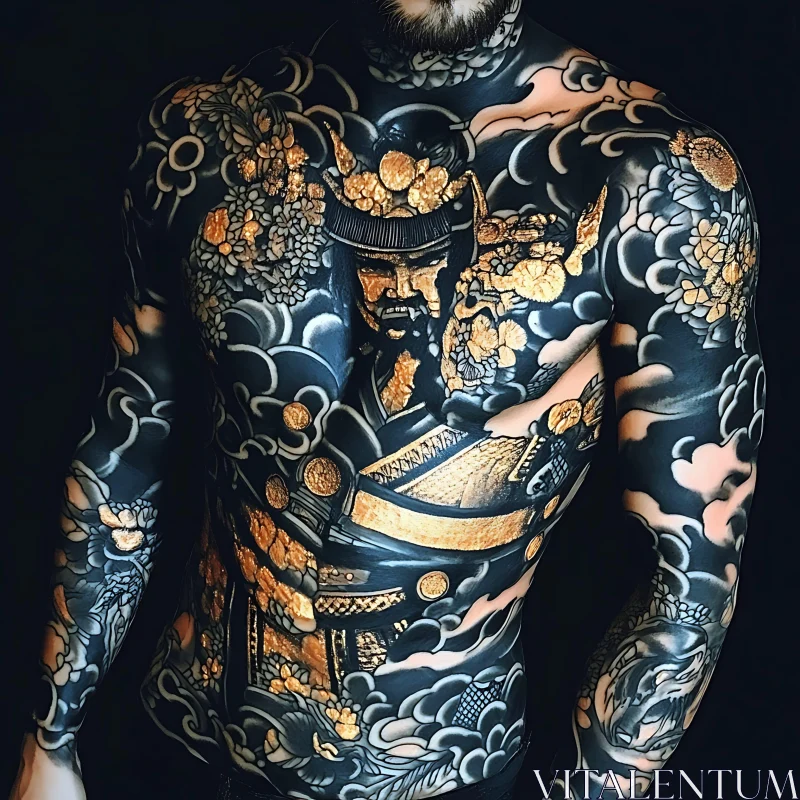 Intricate Samurai and Floral Full-Body Tattoo Art AI Image