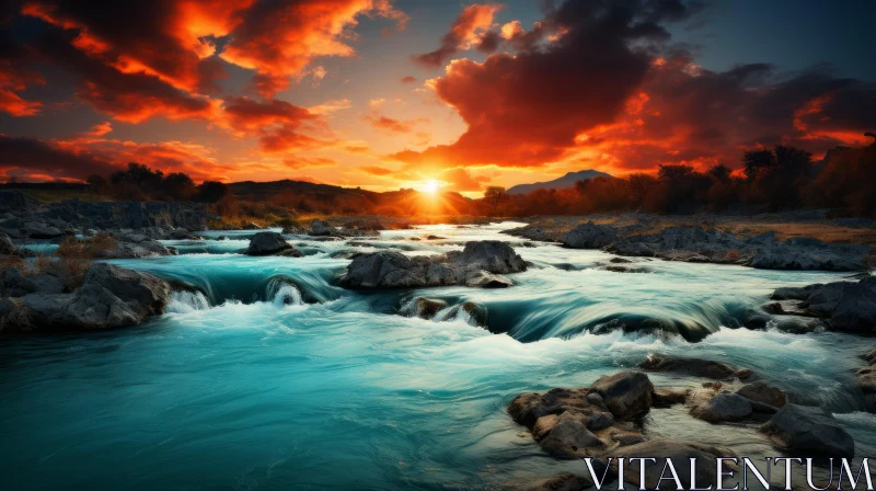 Mesmerizing Sunset at the River with Rocks Along the Waterfall AI Image