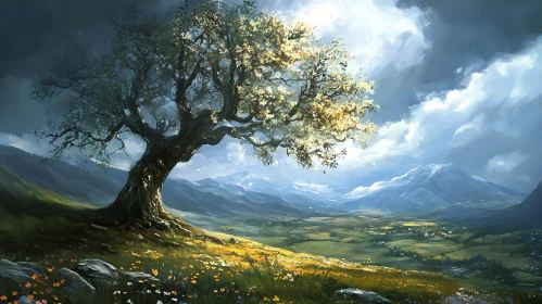 Landscape Painting with Tree and Mountains