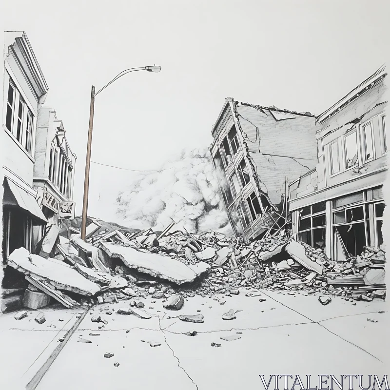 AI ART City Street in Ruins Monochrome Drawing