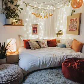 Warm Bedroom Interior with Pillows