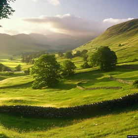 Lush Green Valley with Stone Walls