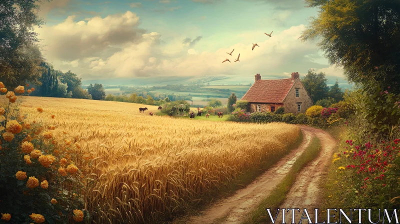 Golden Wheat Field with Old Farmhouse AI Image