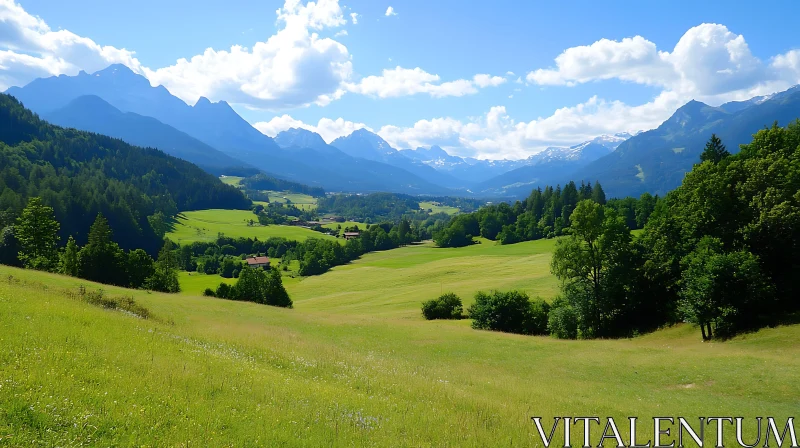 Idyllic Mountain Scenery with Lush Fields AI Image