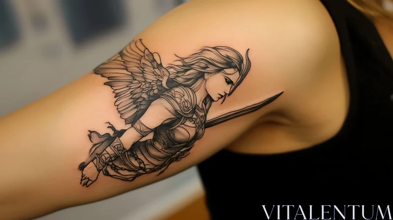 Detailed Arm Tattoo of Winged Warrior AI Image