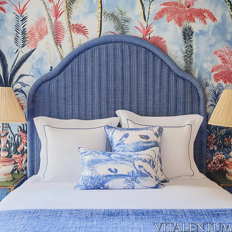 Blue Bedroom Interior with Bird Pillows AI Image