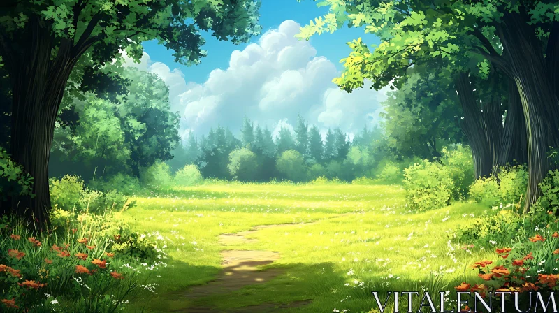 Sunlit Path Through Green Meadow AI Image