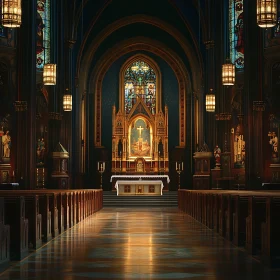 Church Aisle View with Golden Altar