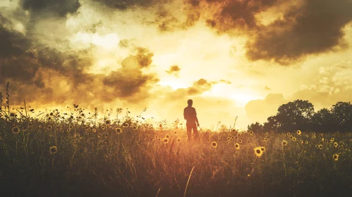 Man in Sunflower Field at Dusk