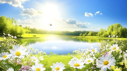 Scenic Lake and Flowers Landscape