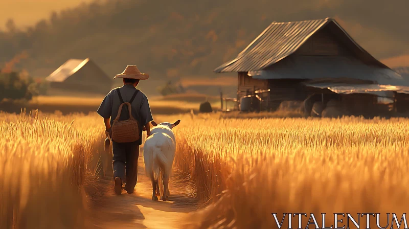 Farmer and Cow in Golden Field AI Image