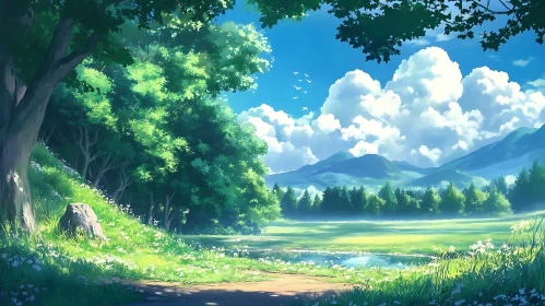 Green Meadow Scenery with Blue Sky