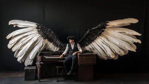 Winged Pianist in Vintage Attire