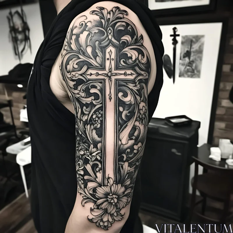 Intricate Cross and Floral Tattoo on Arm AI Image