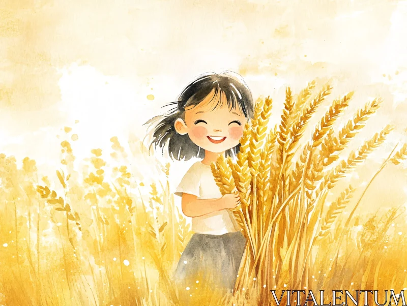 AI ART Watercolor Painting of Girl with Wheat