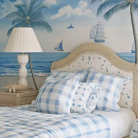 Beach-Themed Bedroom with Blue and White Bedding