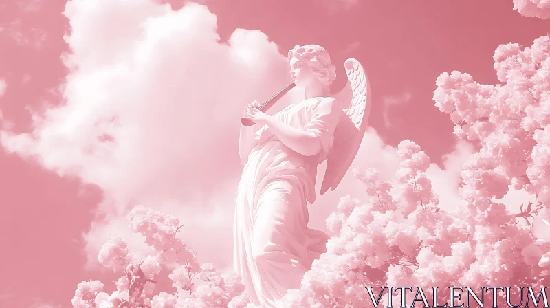 AI ART Pink Angel Playing Flute among Blossoms