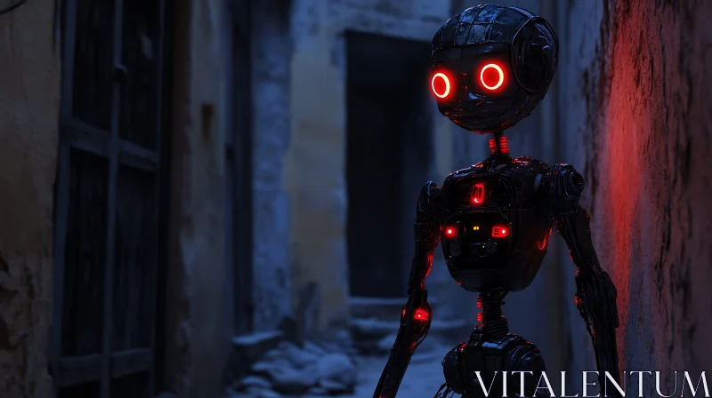 Futuristic Robot with Red Lights in Desolate Alley AI Image