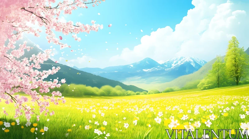 Spring Meadow Landscape with Flowers AI Image