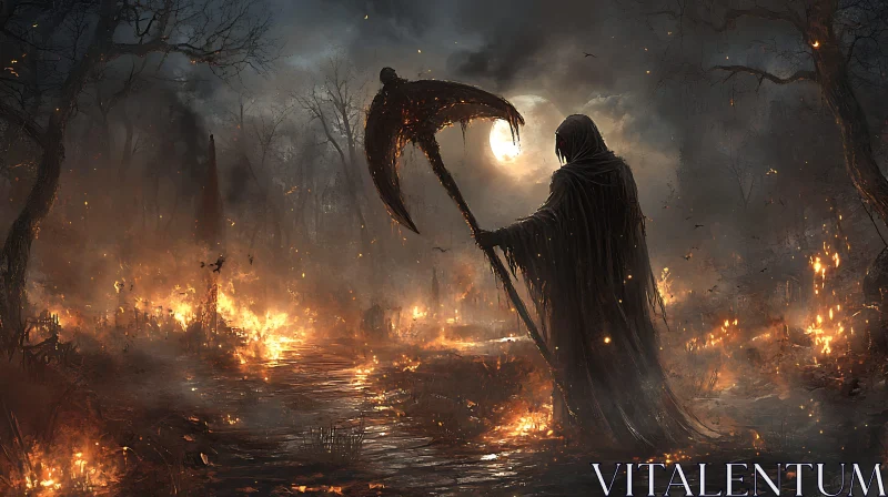 Death Figure with Scythe in Burning Wasteland AI Image