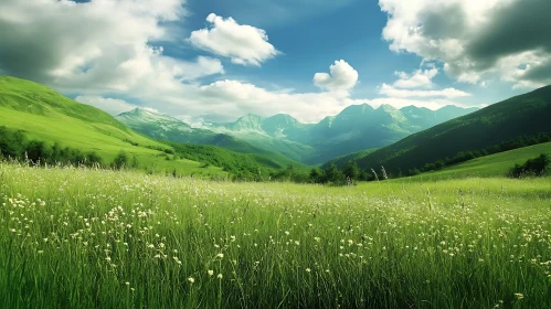 Lush Green Meadow and Mountain Scenery