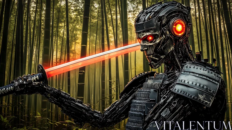 Futuristic Samurai Cyborg in Bamboo Woods AI Image