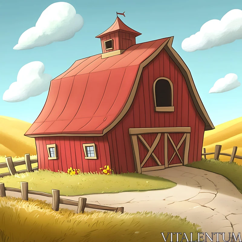 AI ART Cartoon Red Barn Amidst Golden Fields