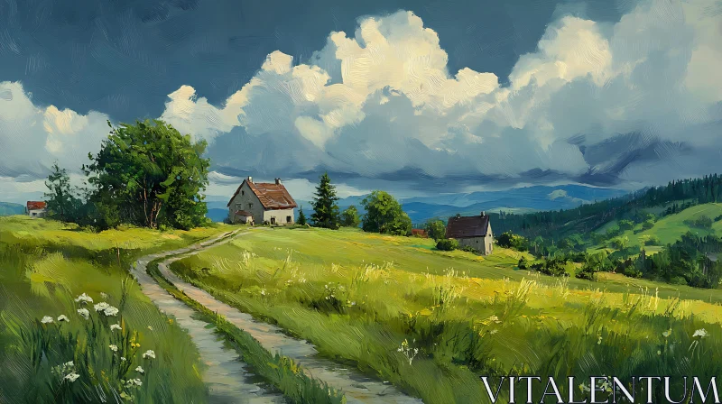 Rural Landscape with Houses and Cloudy Sky AI Image