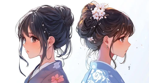 Profile of Anime Girls with Floral Kimonos