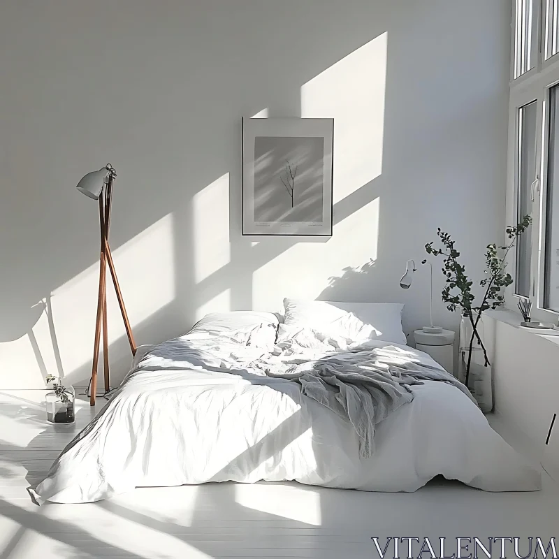 AI ART Minimalist Bedroom with Sunlight and White Decor